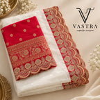 White n Red Splendor Self-Weaving Georgette Saree