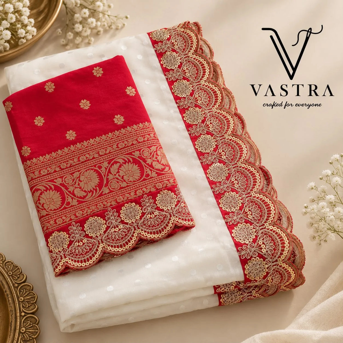 White n Red Splendor Self-Weaving Georgette Saree