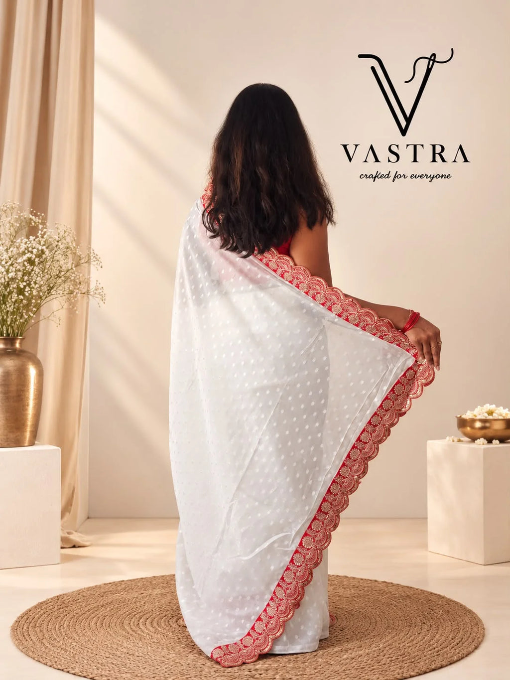 White n Red Splendor Self-Weaving Georgette Saree