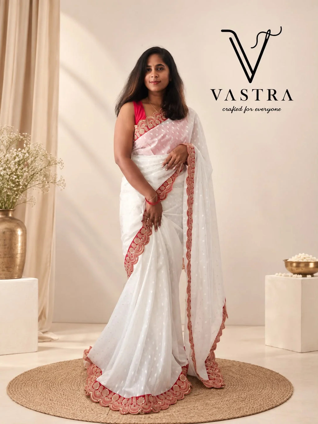 White n Red Splendor Self-Weaving Georgette Saree