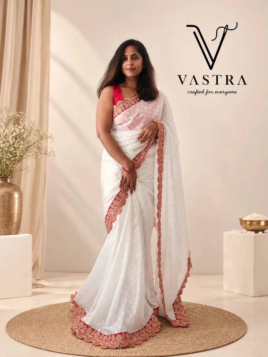 White n Red Splendor Self-Weaving Georgette Saree